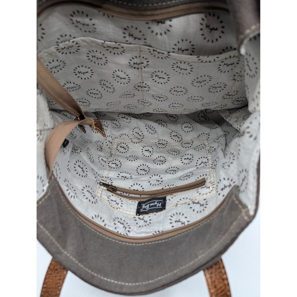 Myra Bag Upcycled Canvas Leather Patchwork Tote Bag Brown Grey Floral NWT - Picture 3 of 6